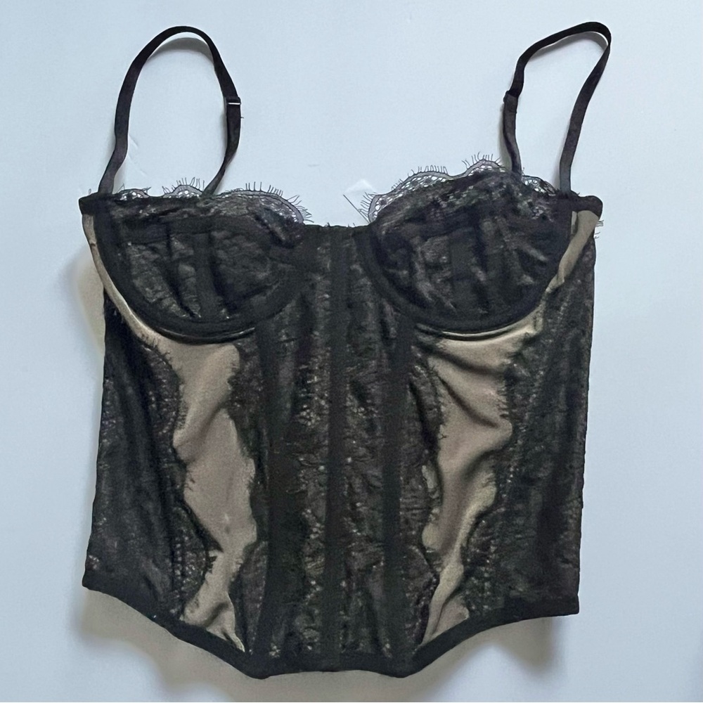 Bustier corset taupe black lace fairygoth full hook back feminine sexy size Sm.